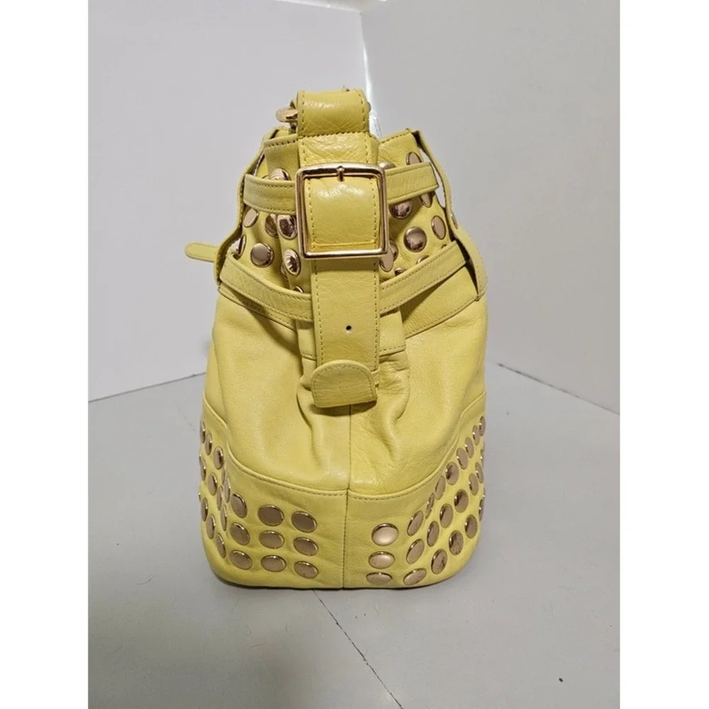 Rebecca Minkoff Devote Tote Leather Hobo Bag Yellow Studded Moto Edgy Y2K Boho ~